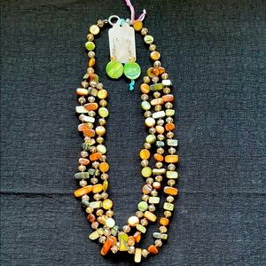 Multi-Strand Green and Orange Beaded Necklace with Earrings